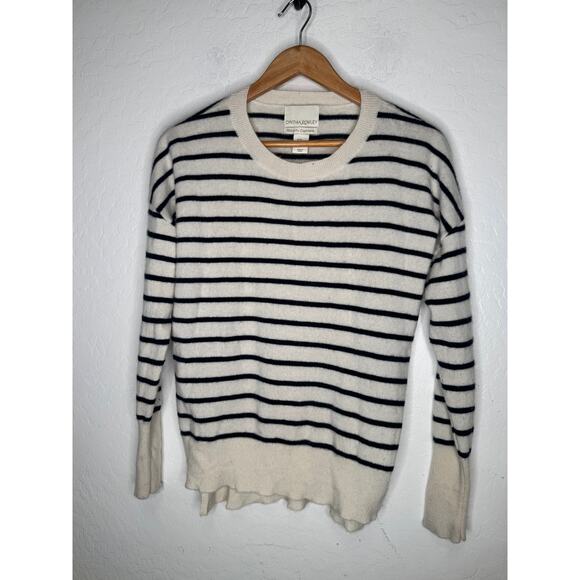 Cynthia Rowley Size XL Striped Cream Cashmere Crew Neck Sweater Luxury Softness - Picture 1 of 5